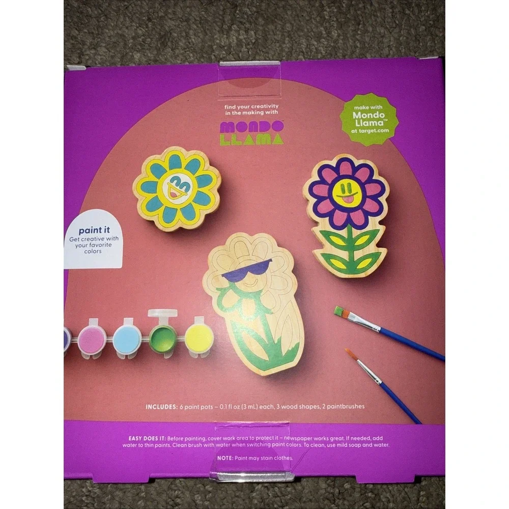 Mondo Llama Kids Paint‎ Your Own Wood Flowers Paint  Kit  Brushes Paint Included